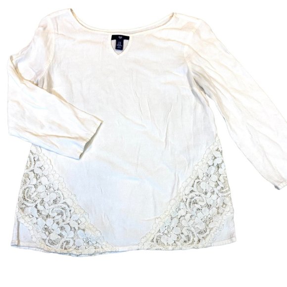 Off white Gap XS  pretty Lace inset tunic top long sleeve EUC - Picture 2 of 9